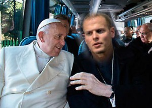 tim and pope on bus